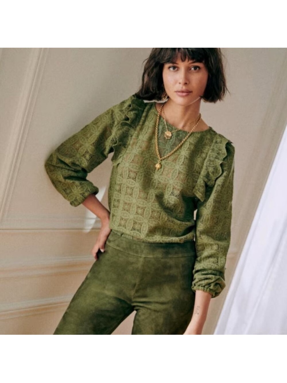 Sezane Salina Blouse in Light Khaki Green Women Size 42/10 Long Sleeve Lace